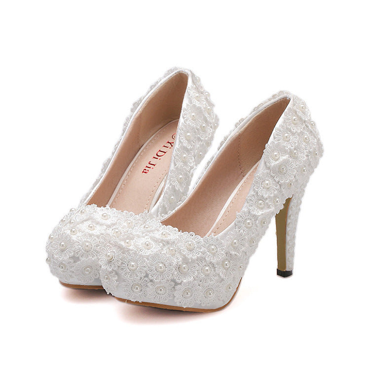 Platform High Heels Shallow Mouth Round Toe Pearl Shoes Flower Lace Wedding