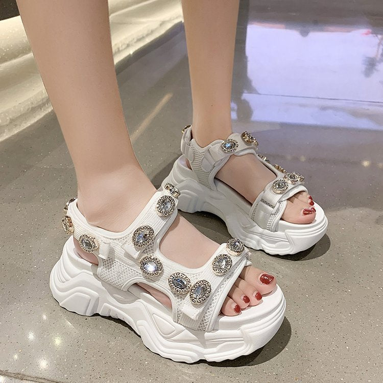 Sandalias deportivas de verano con plataforma y velcro con diamantes de imitación para mujer