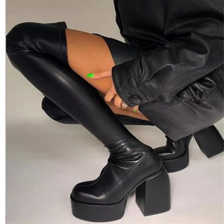 Women's Thick Heel Thick Sole European And American But Knee Skinny Boots