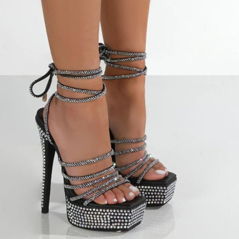 Rhinestone Cross Strap Platform Super Heel Sandals