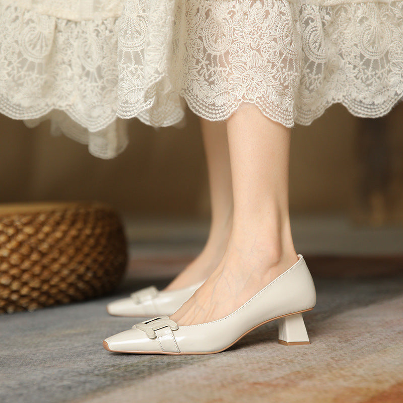 Zapatos de mujer de cuero con punta cuadrada y cadena estilo francés, de boca baja, para uso diario