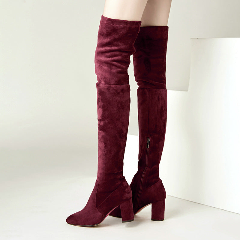 Damen Overknee-Stiefel aus Schaffell mit hohem Absatz und Stretch