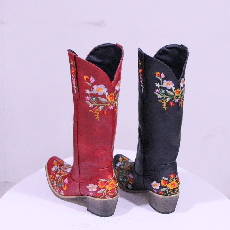 Bunt bestickte, spitze, mitteldicke, modische Westernstiefel für Damen