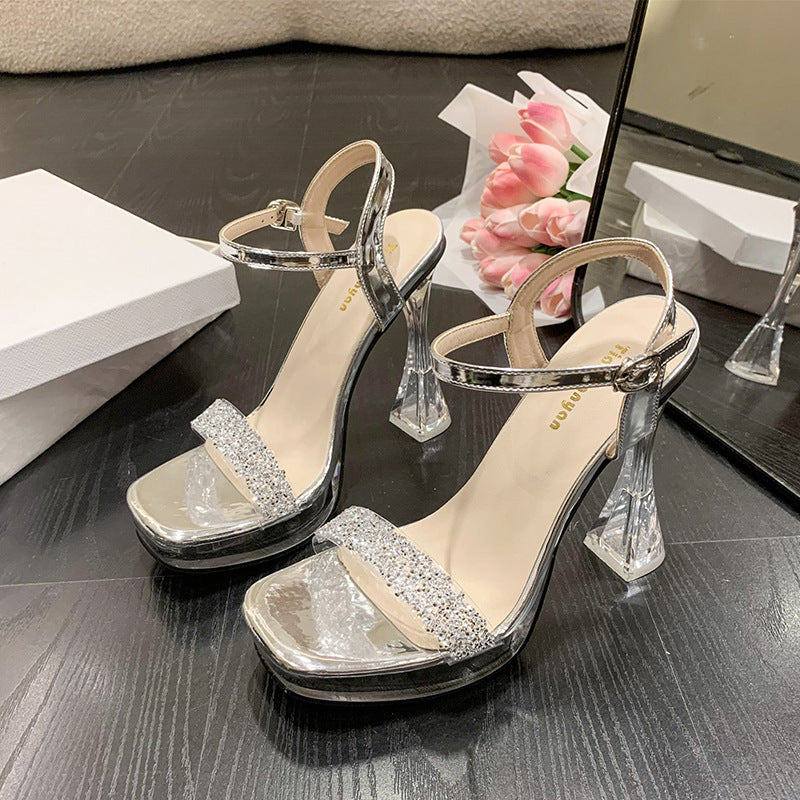 Schnalle Transparent Strap Strass Dicken Absatz Super High Heel Casual Fashion Sandalen