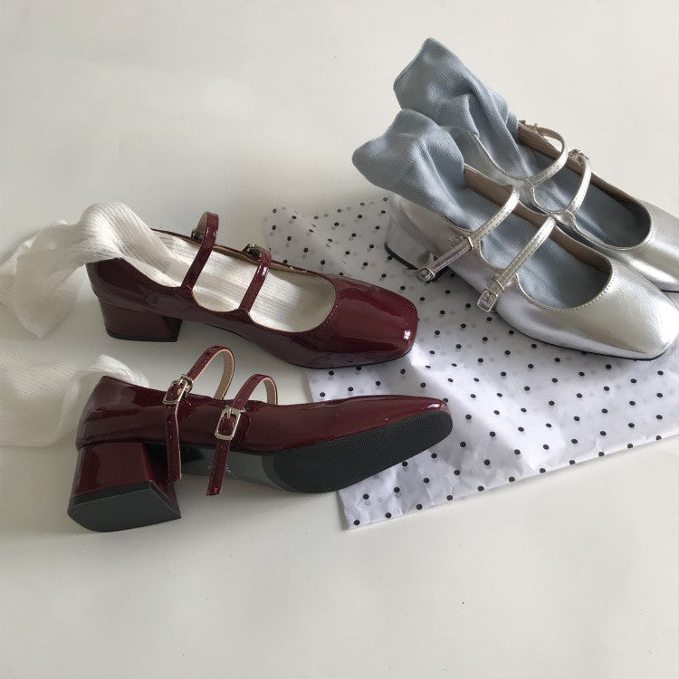 Französische Retro-Mary-Jane-Schuhe mit quadratischem Kopf in Silber