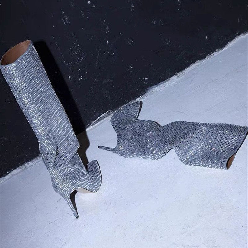 Spitz zulaufende Kaschmir-Einfarbige Damen-Stiefel mit Strasssteinen und Stilettoabsatz