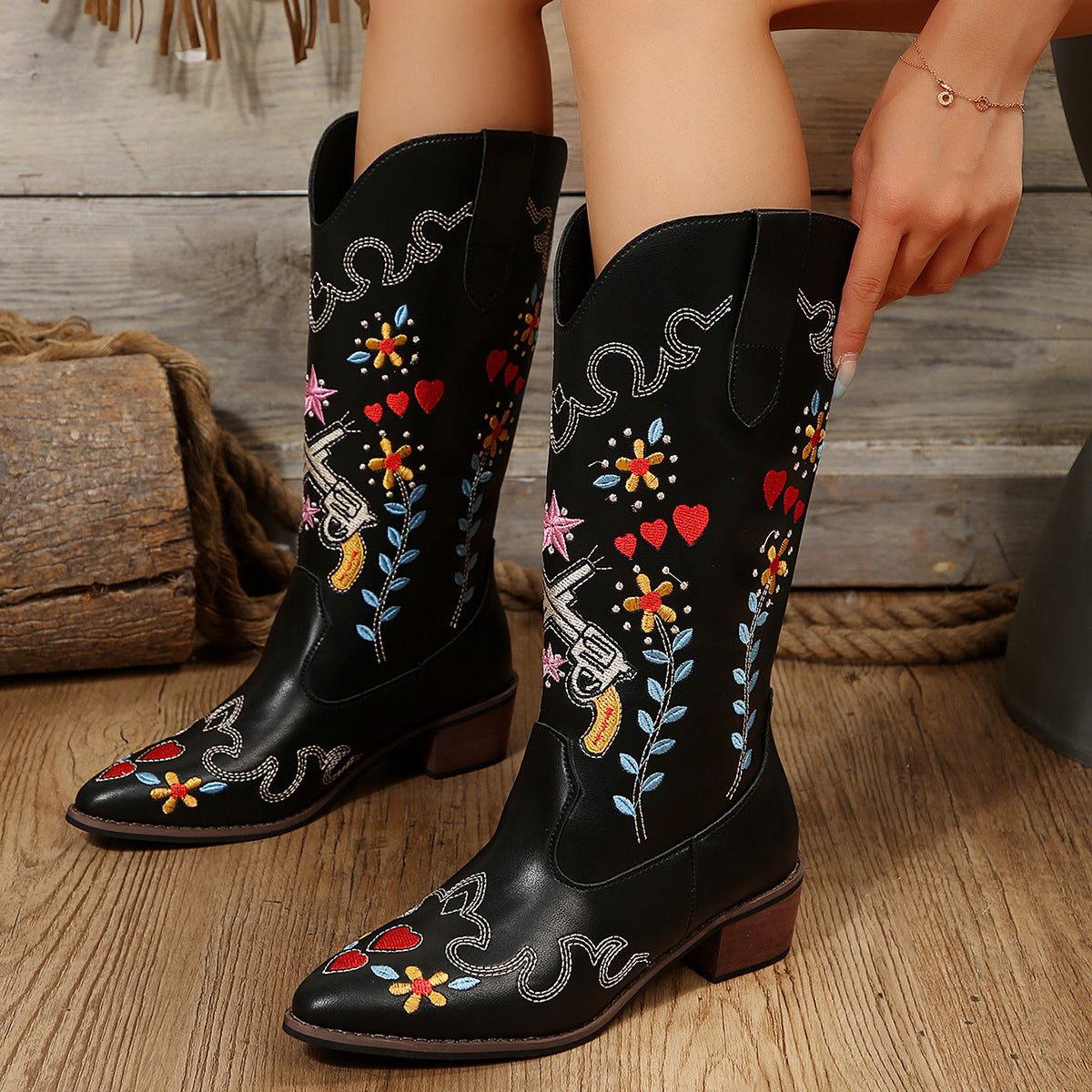 Women's Long Embroidered Chunky Heel High Leg Boot