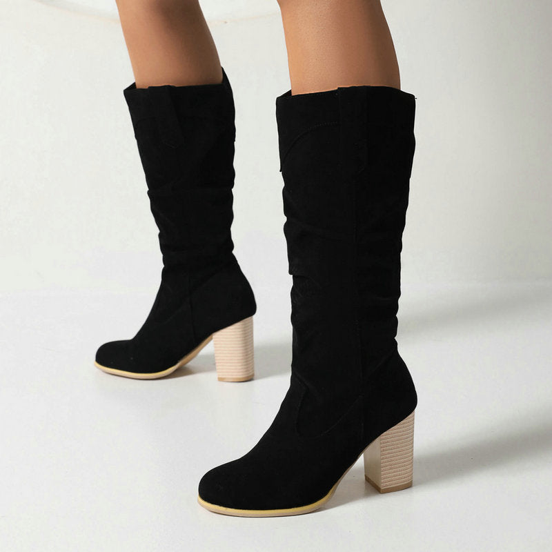 Women's Fashion Long Round Toe Thick Heel Boots