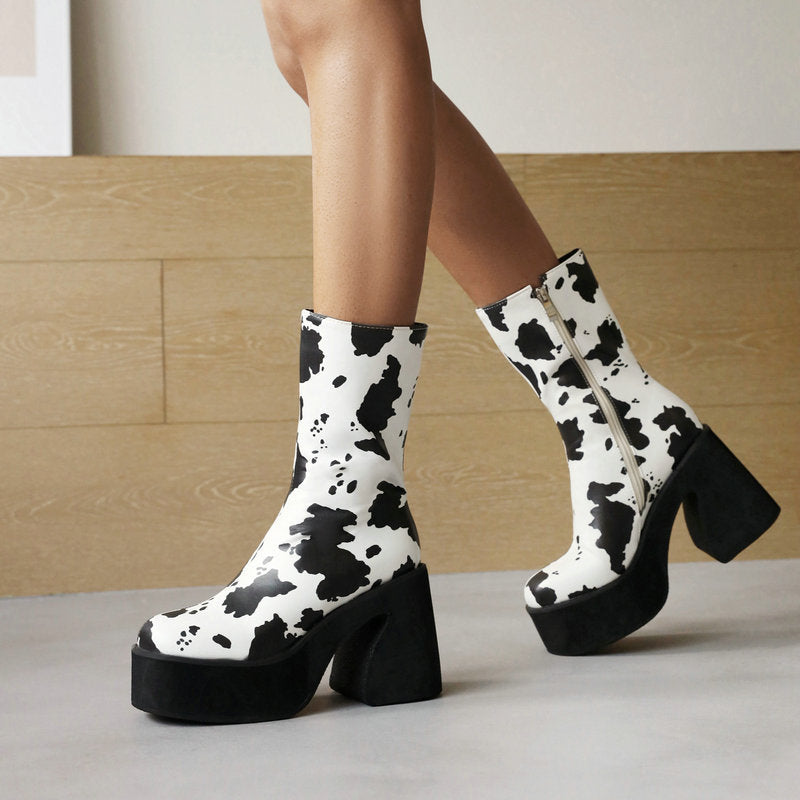 Milk Pattern Love Thick Heel Super High Heel Platform Women's Ankle Boots