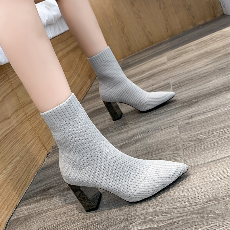 Women's Pointed Toe Chunky High Heels Socks Boots