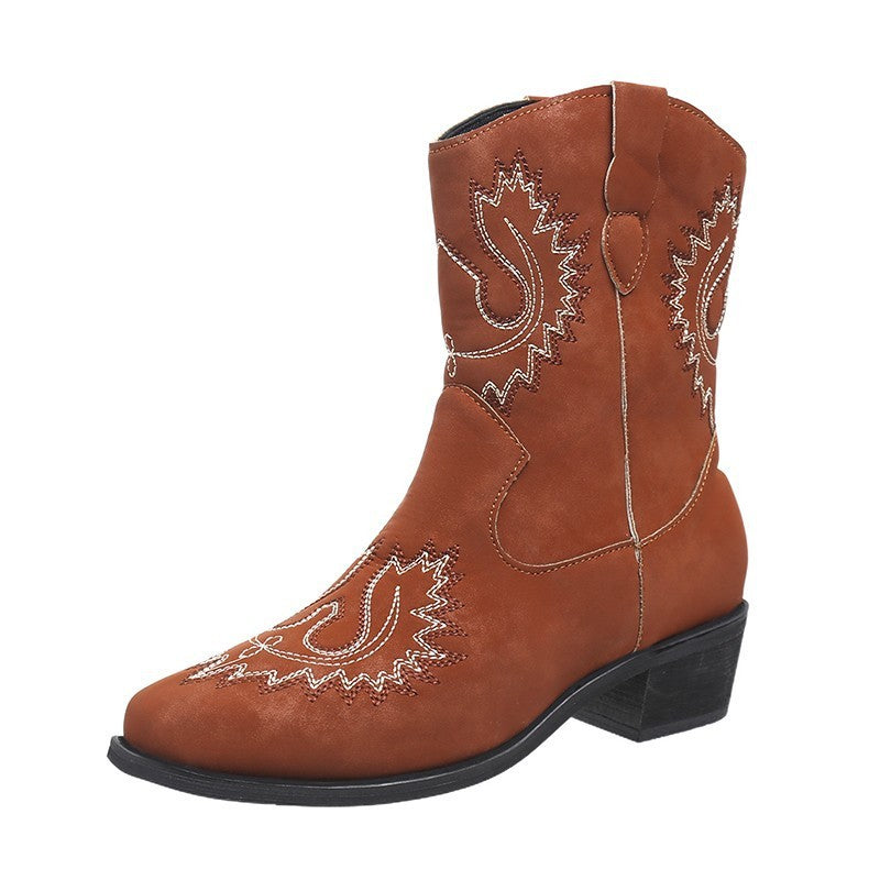 Stickerei Westernstiefel Chunky Mid Heel Cowboystiefel Damenschuhe