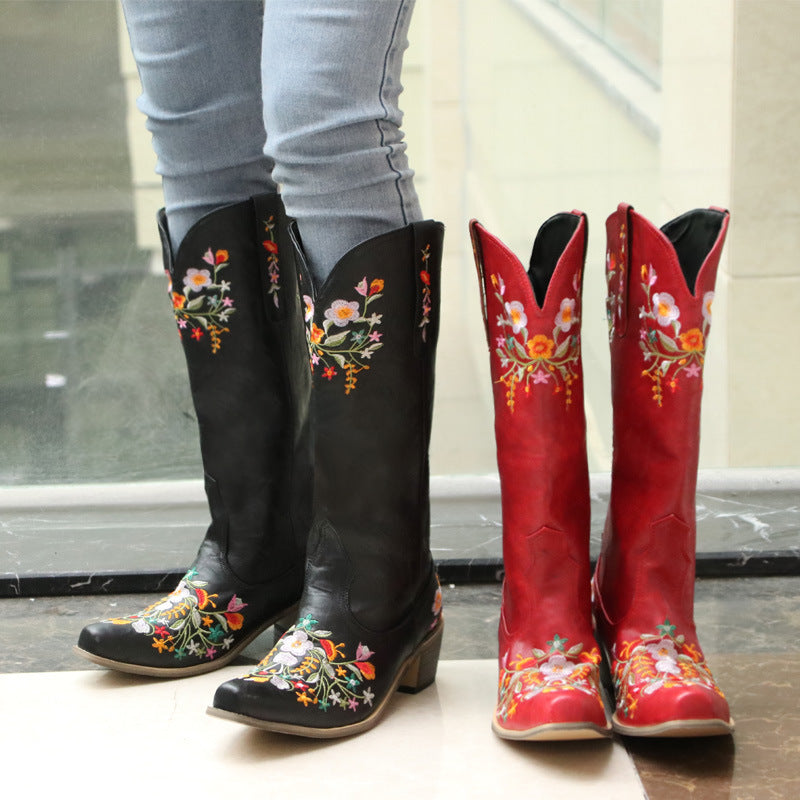 Bunt bestickte, spitze, mitteldicke, modische Westernstiefel für Damen