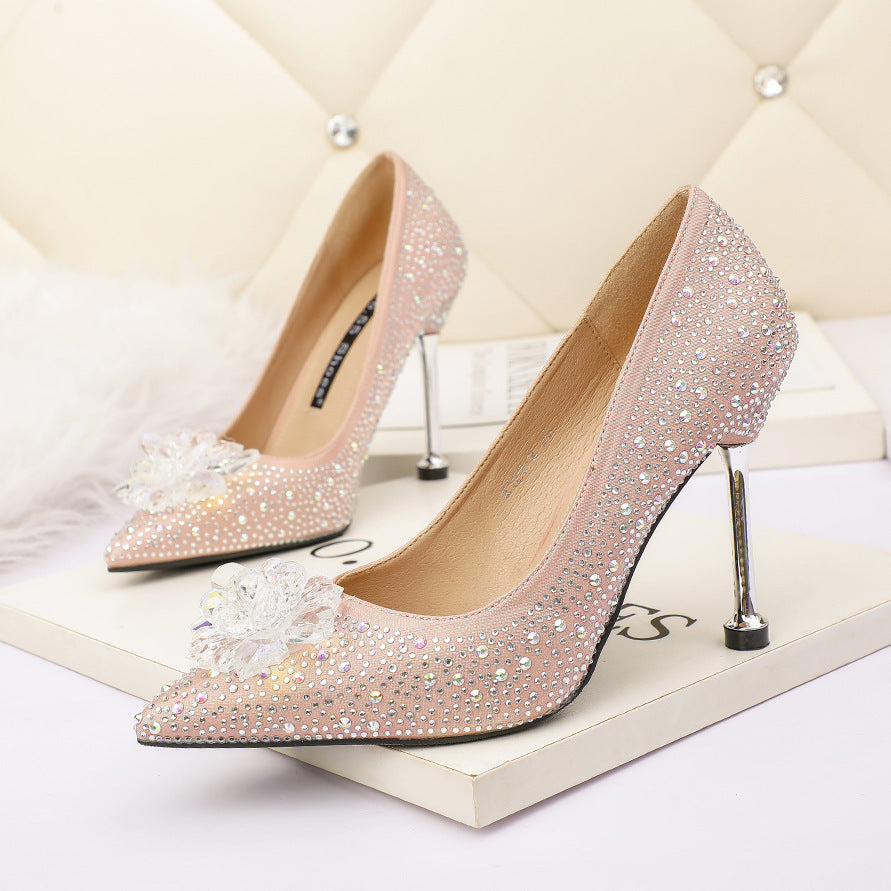 Mode Spitz Flach Mund Strass Sexy High Heels Sehen Dünn