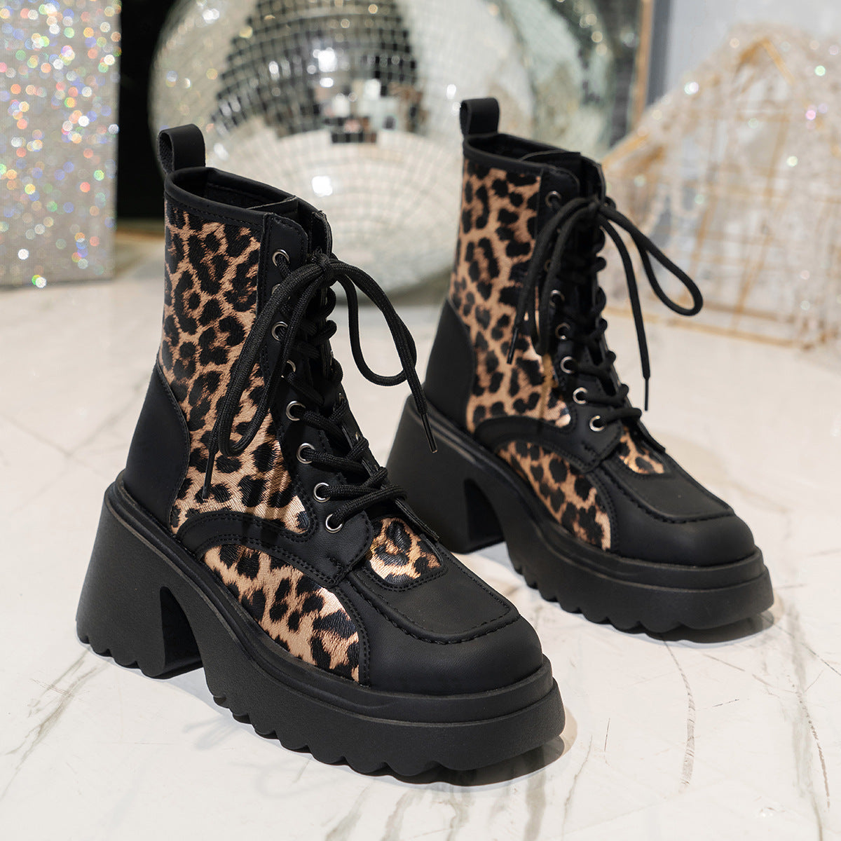 Leopard Print Chunky Heel Booties Weibliche Lace-up Plattform Britischen