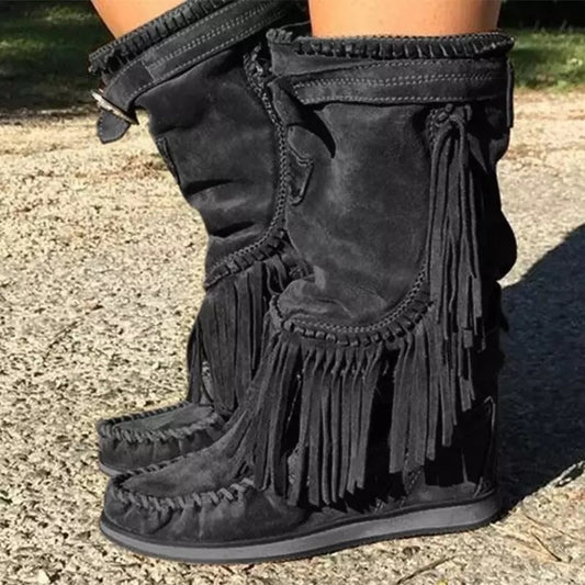 Women's Casual Fringed All-match Mid-tube Boots