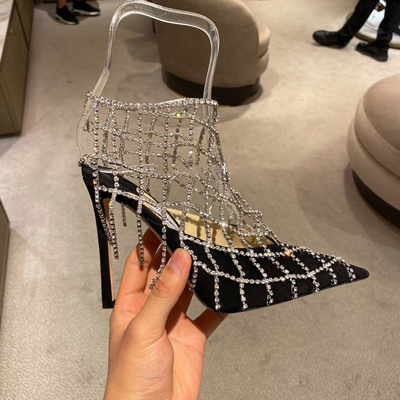 Women's Rhinestone Mesh Pointed Toe High Heels