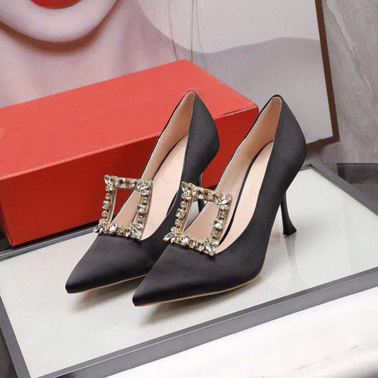 Women's Pointed Toe Square Buckle Rhinestone High Heels