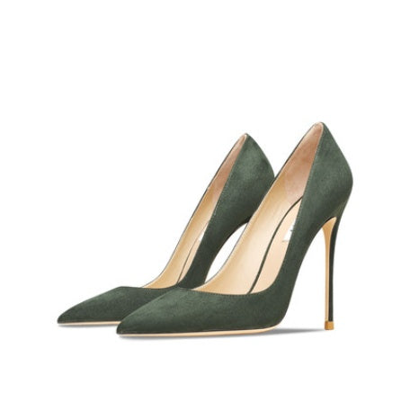 Tacones altos de ante verde oscuro de cuero para mujer