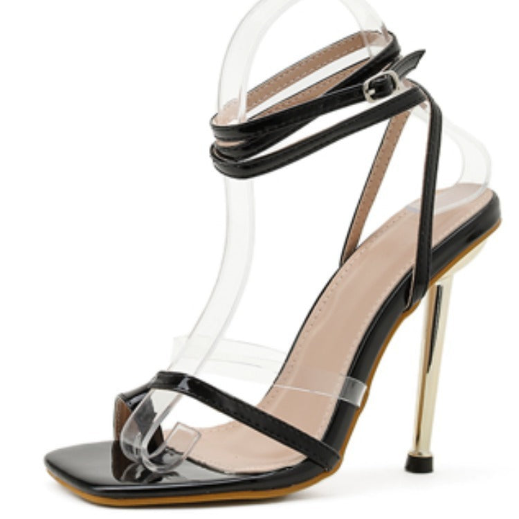 Transparent Colorblock Plated High Heel Buckle Slipon Sandals