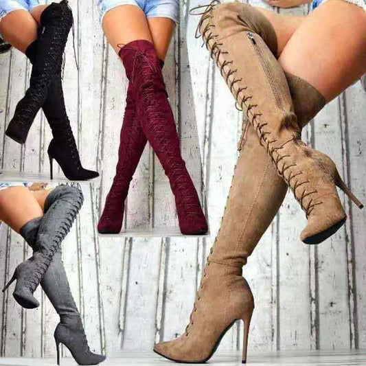 Botas altas de ante con tacón de aguja alto y largas para mujer