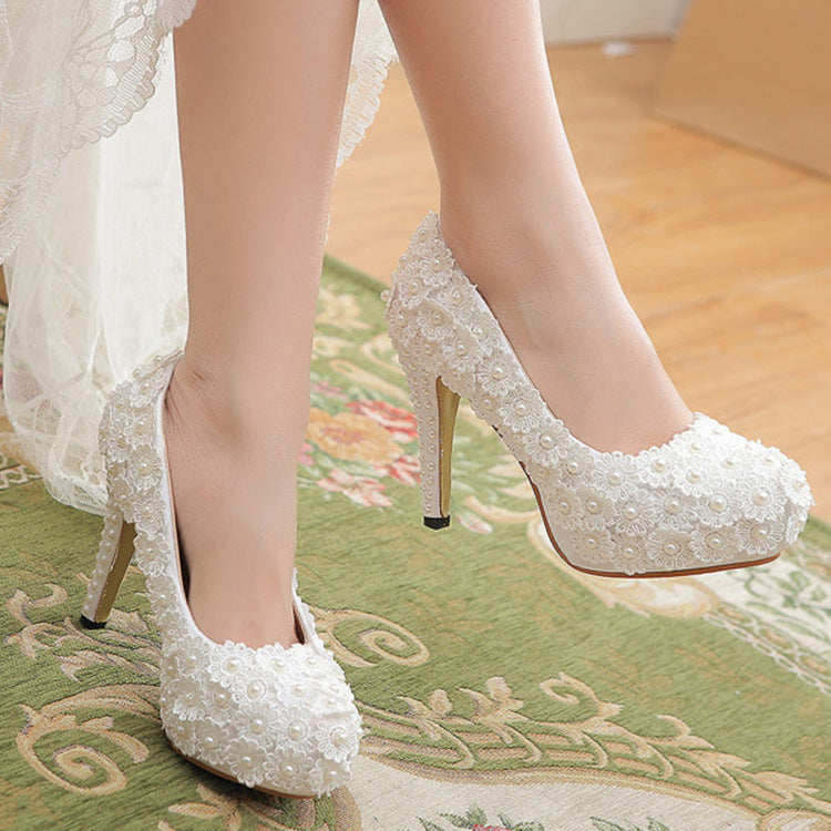 Platform High Heels Shallow Mouth Round Toe Pearl Shoes Flower Lace Wedding