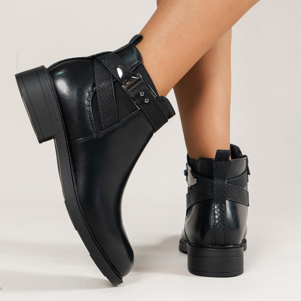 Chelsea Boots Damen Schwarz Stiefeletten Seitlicher Reißverschluss Schnalle Schuhe