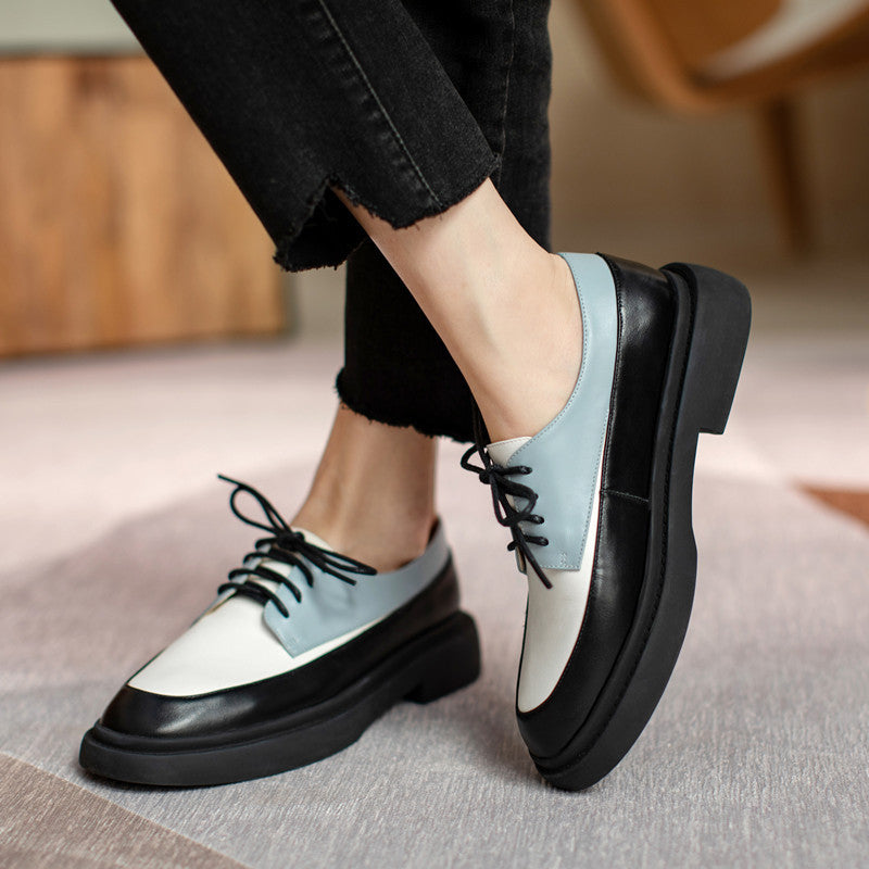 Genuine Leather Platform Lace Up White Loafers